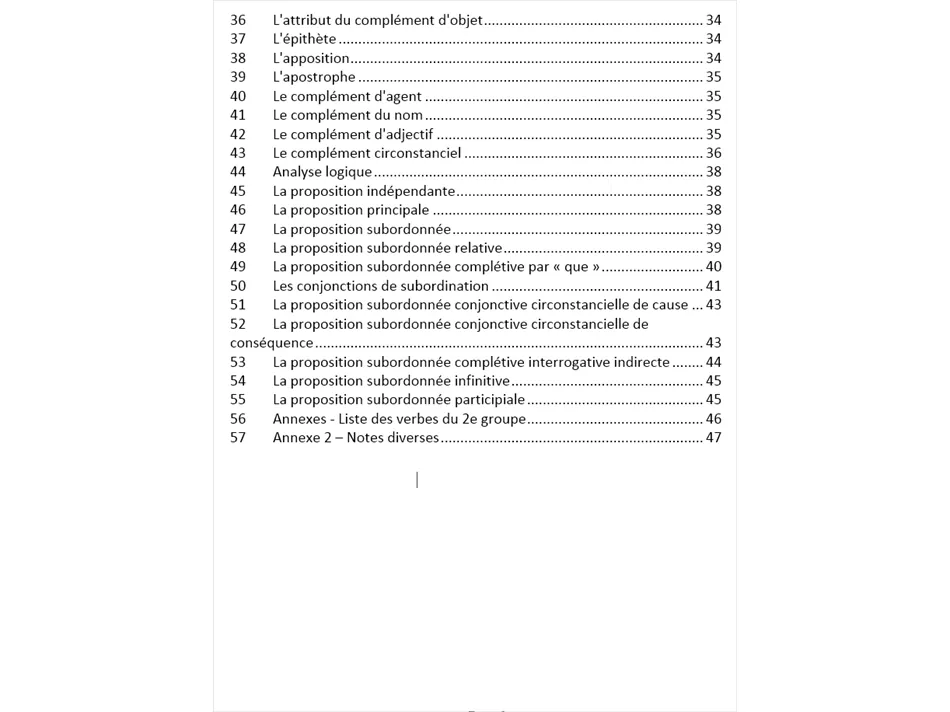 Grammaire - Table de matières